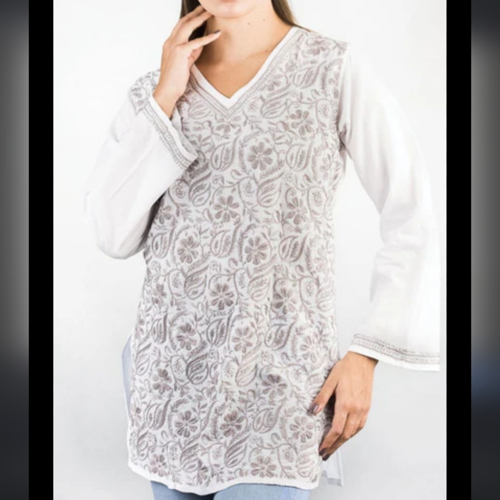 Tunic Handmade Embroidered ‎ Silver/White SzXL Long Sleeve Cotton Boho Resort